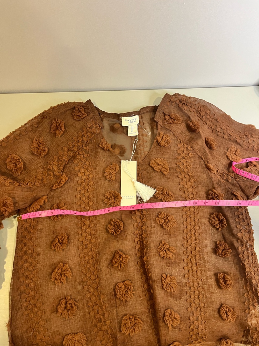 NWT Calypso St. Barth Brown Pom-Pom Textured V-Neck Blouse- large - Picture 6 of 6